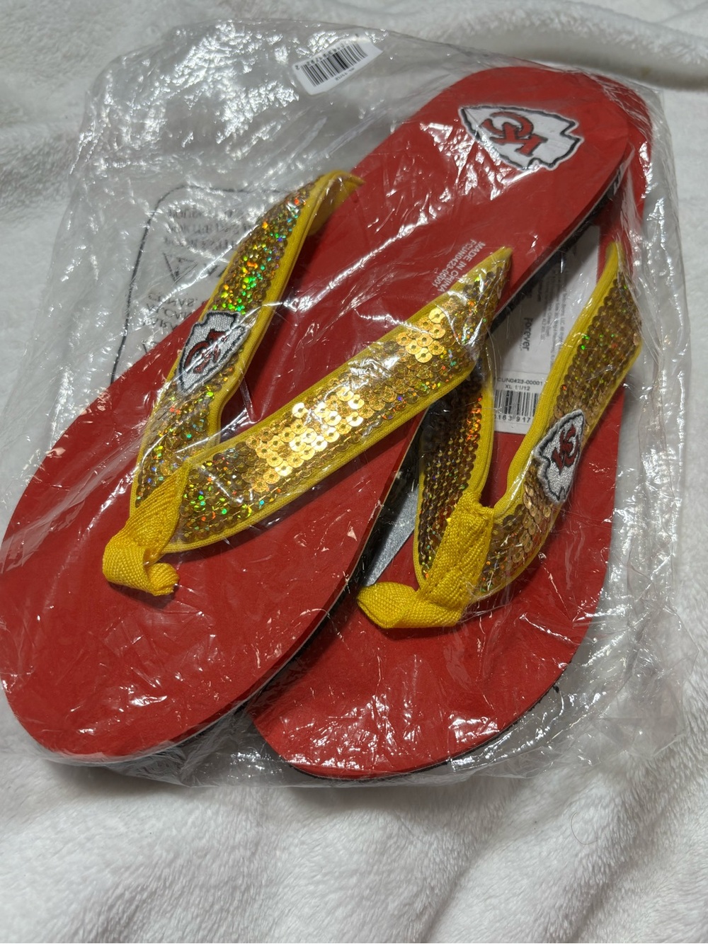 NFL Kansas City FOCO Red & Gold Sequin Flip Flops for Women